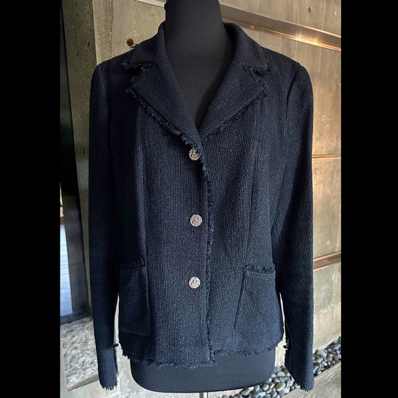 Vintage Chanel Midnight Blue Wool 2004 Frayed Tweed Jacket - Picture 1 of 11